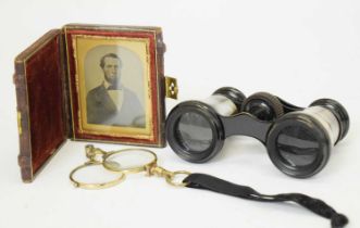 19th century cased photograph, opera glasses and spectacles