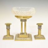 Gilt metal three-piece garniture of pair of candlesticks and tazza with cut glass bowl