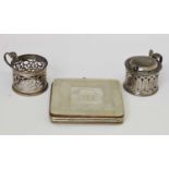 Edward VII silver two-piece condiment set, and a white metal and mother-of-pearl Jerusalem purse