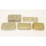 Edward VII silver snuff box, a German 800 standard white metal box, and three plated boxes (5)