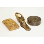 Treen and pique work shoe snuff box with inset portrait panel