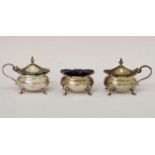George V silver three-piece condiment set with blue glass liners