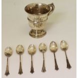 Silver pedestal cup, cased teaspoons etc