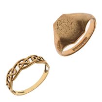 9ct gold signet ring and 9ct gold Celtic-design band