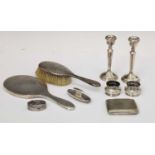 Assorted silver to include a pair of Elizabeth II dwarf silver candlesticks, etc