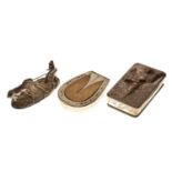 Silver-plated box with presentation inscription, cast mule figural group, and a plated horse shoe bo