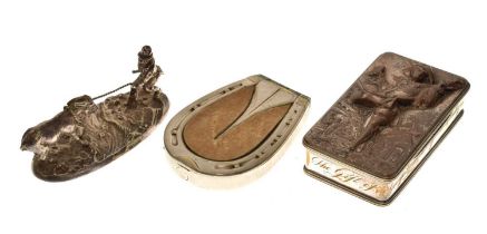 Silver-plated box with presentation inscription, cast mule figural group, and a plated horse shoe bo