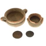 Roman terracotta bowls and two coins