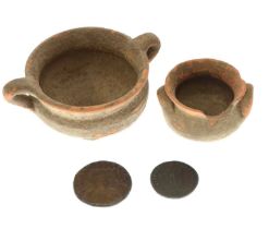 Roman terracotta bowls and two coins