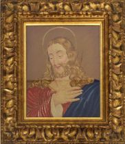 Good quality gilt carved wood frame with needlework panel of Jesus