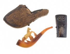 Meerschaum pipe, together with a Piqué work tortoiseshell case