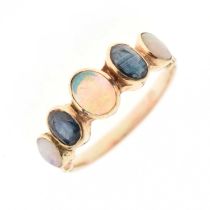 Five-stone dress ring set three opals and two sapphires