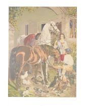 Large mid-Victorian wool needlepoint tapestry, ‘Feeding the Horses’ after Sir Edwin Landseer