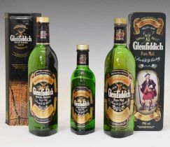 Glenfiddich Pure Single Malt Scotch Whisky, two bottles, and one half bottle, in cardboard cases