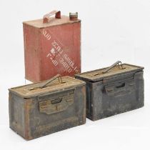 Two ammunition cases and vintage petrol spirit can