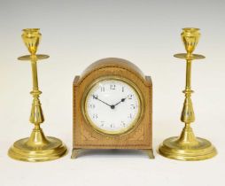Pair of brass and champleve enamel candlesticks and French mantel clock