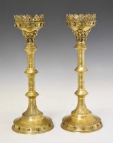 Pair of reproduction brass Gothic Revival pricket candlesticks