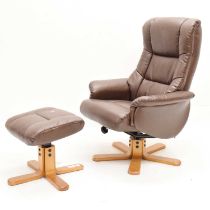 Stressless-style brown leatherette reclining swivel chair and footstool