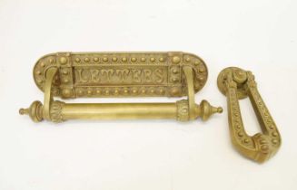 Late Victorian or Edwardian gilt metal letter box and door knocker en-suite