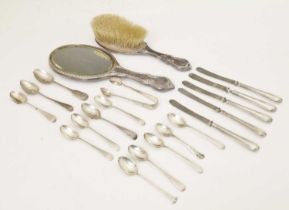 Quantity of silver, together with five silver handled tea knives, silver backed dressing mirror, and