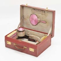 Silver and pink enamel seven-piece dressing set