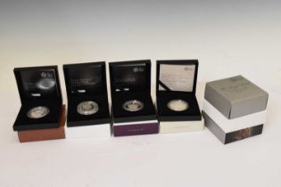 Seven Royal Mint Brilliant silver proof Crown and Commemorative £5 coins, in presentation case