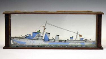 20th century painted model of First World War frigate in dazzle camouflage