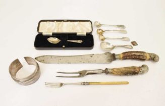 George IV silver caddy spoon, white-metal mounted stag horn carving set, white-metal bangle, etc