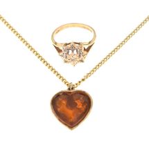 9ct gold diamond set dress ring and gold chain with heart-shaped pendant