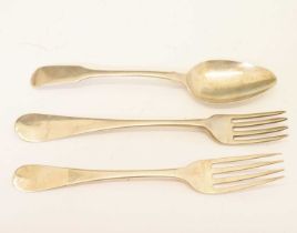 Two Irish silver dessert forks and an English silver dessert spoon