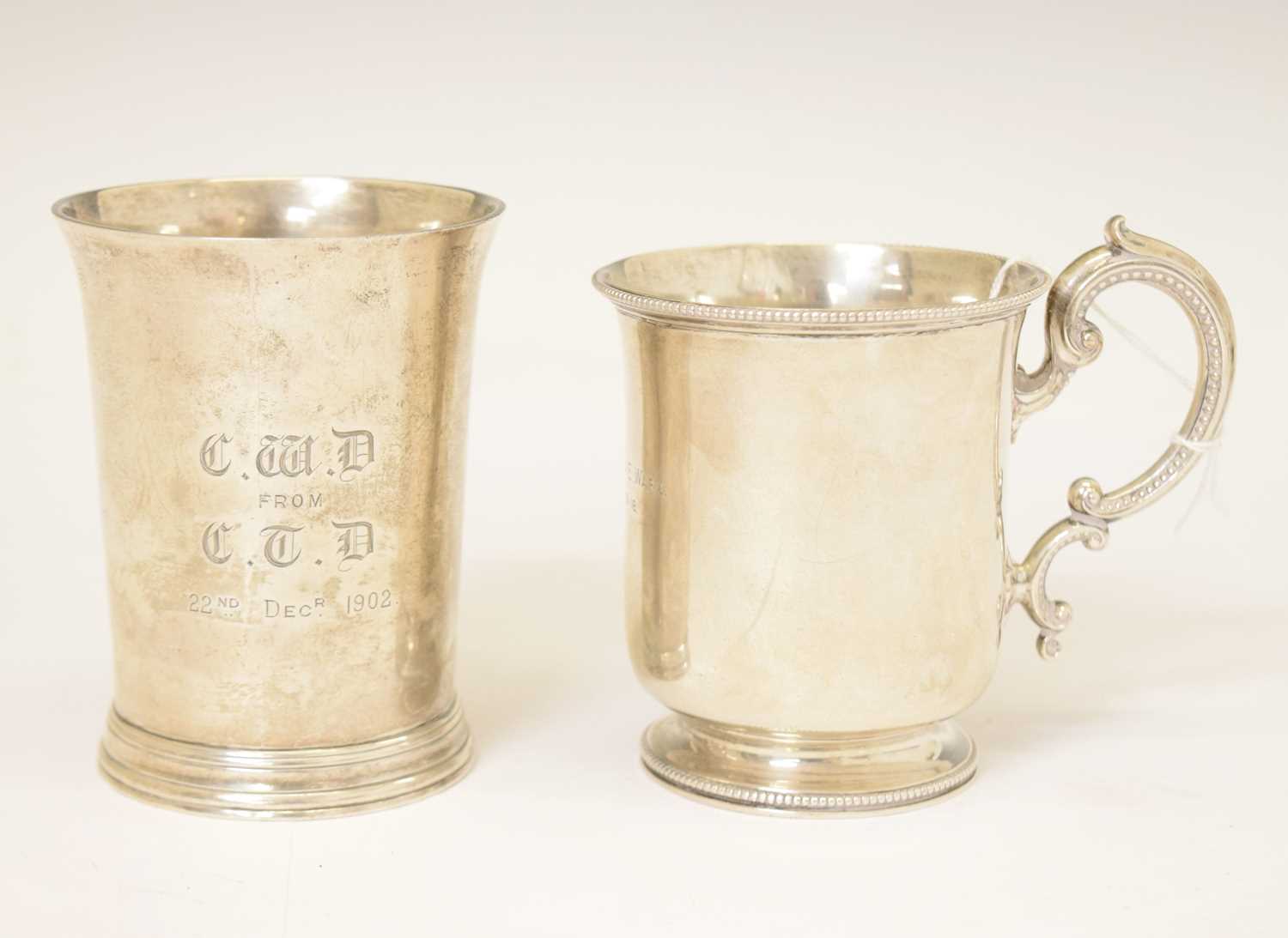 Silver christening mug and an Edward VII silver beaker