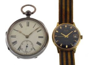 Late Victorian silver open faced pocket watch and Avia Olympic wristwatch