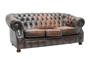 Brown leatherette deep button back Chesterfield three-seater settee