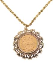 George V gold sovereign, 1915, in a 9ct gold pendant mount and chain