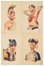 Set of four Burmese watercolour portraits