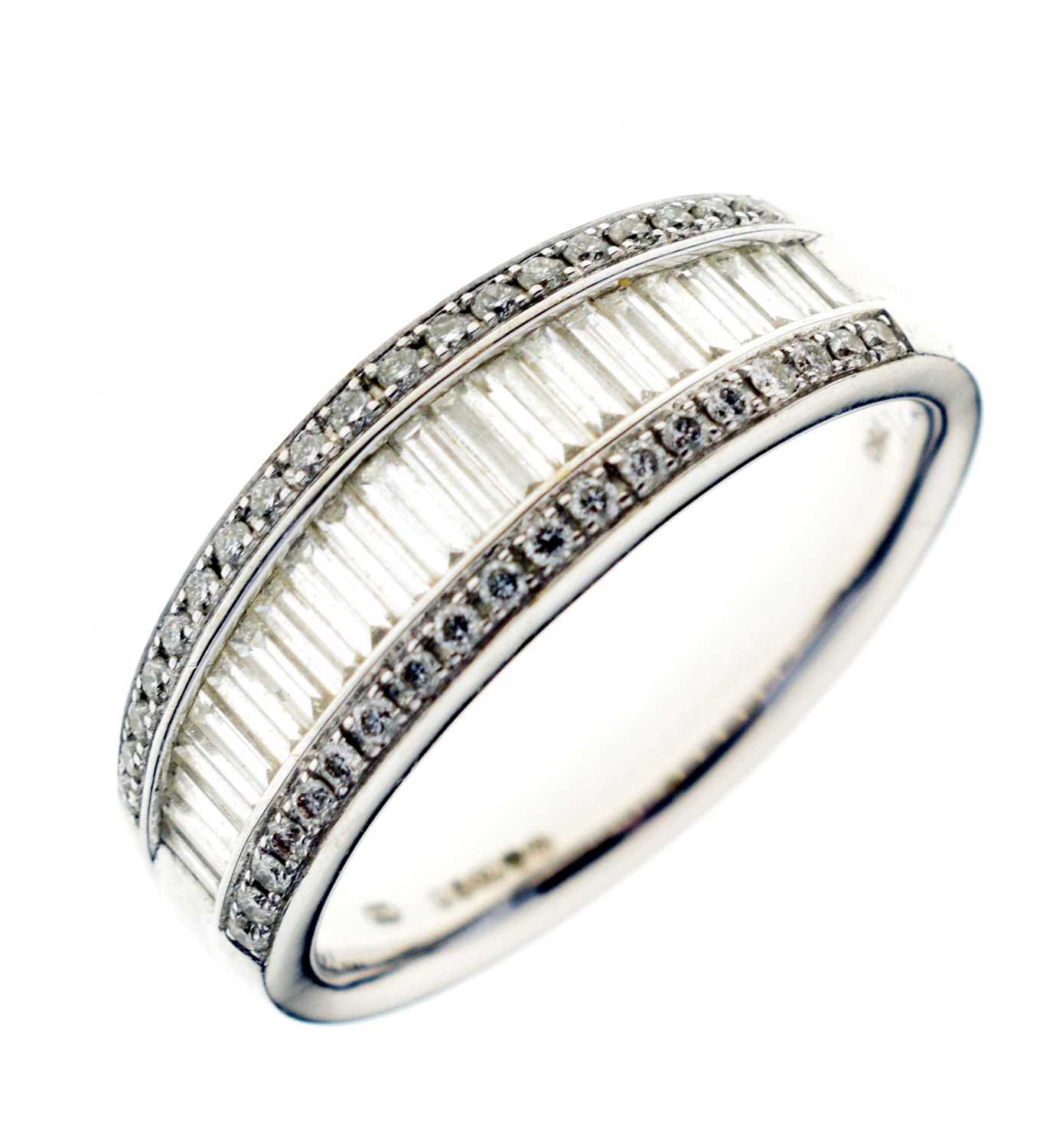 18ct white gold, baguette and brilliant cut diamond ring