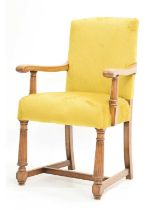 Oak open armchair with modern velour upholstery