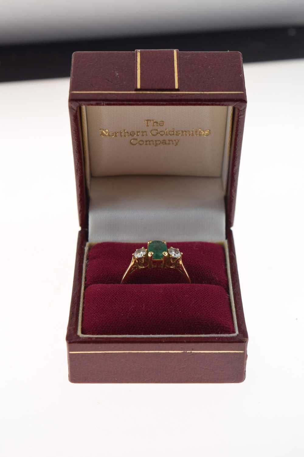 18ct gold emerald and diamond three-stone ring - Image 8 of 8