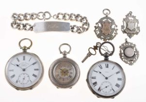 Silver ID bracelet, three pocket watches and silver medallions