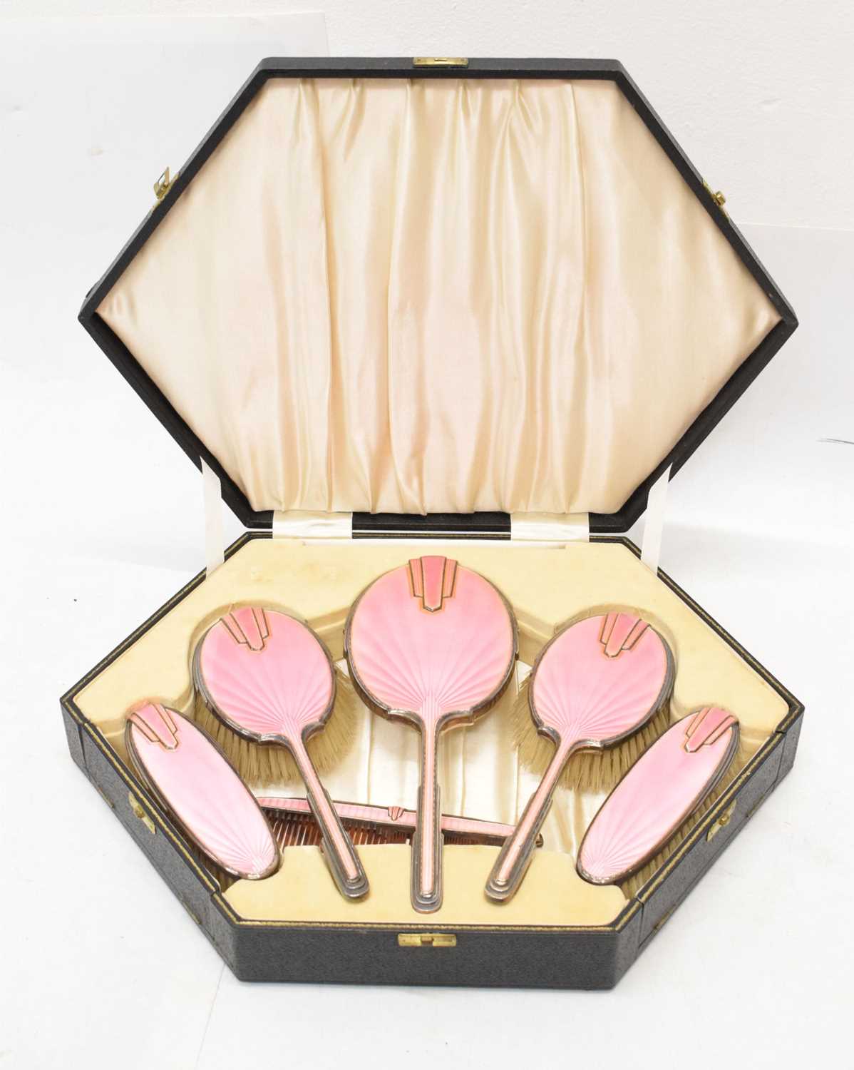 George VI Art Deco silver and pink enamel six-piece dressing table set