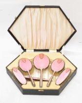 George VI Art Deco silver and pink enamel six-piece dressing table set