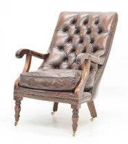 Reproduction deep-buttoned back brown leatherette office armchair