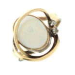 Modernist gold ring set opal cabochon and two small diamonds