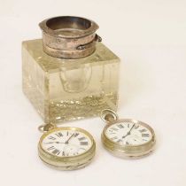 Edwardian silver mounted glass inkwell, and two 'Goliath' style pocket watches