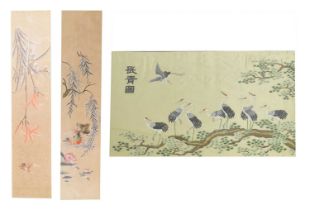 Japanese silk panel of cranes, plus two other panels