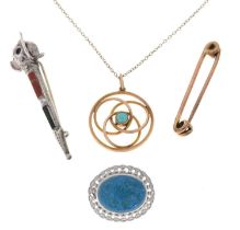9ct safety pin and 9ct turquoise set pendant
