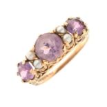 9ct gold, amethyst and seed pearl ring