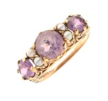 9ct gold, amethyst and seed pearl ring