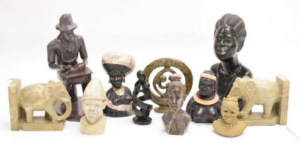 Group of carved hardstone African figures, etc.