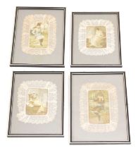 Four printed silk pictures with lace edges